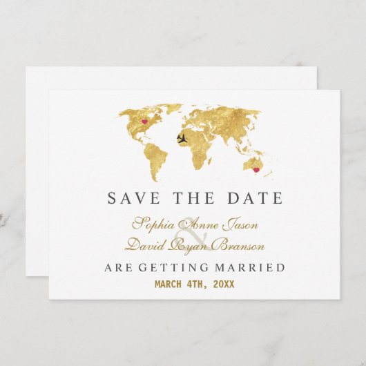 Elegant Destination Gold Wereldkaart Wedding Save The Date (Voorkant / Achterkant)