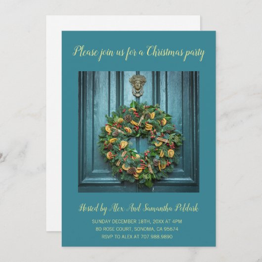 Elegant Deur and Wreate Holiday Kerstparty Kaart (Voorkant / Achterkant)