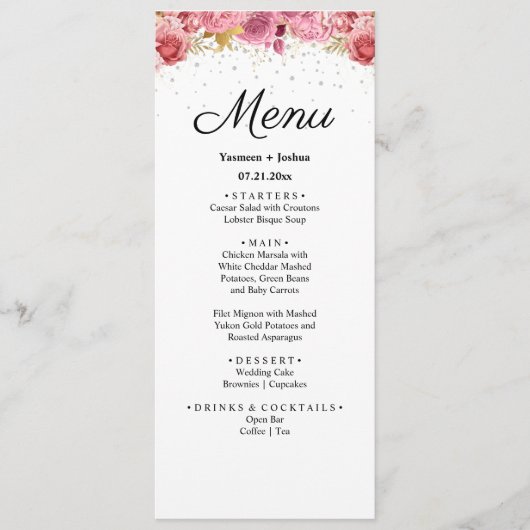 Elegant Diamond and Pink Floral Wedding Menu (Voorkant)