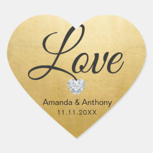 Elegant Diamond Hart LIEFDE Gouden Folie Huwelijks Sticker