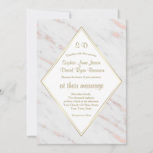 Elegant Diamond Roos Gold Marble Wedding Kaart (Voorkant)