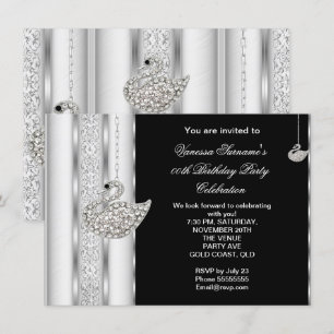 Elegant Diamond Swan White Silver Black Birthday Kaart