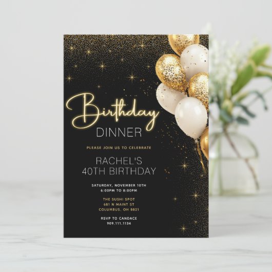 Élégant dîner d'anniversaire noir et or Invitation (Debout devant)