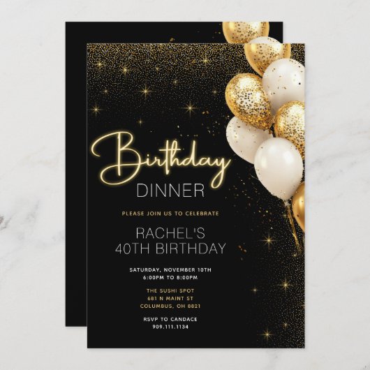Élégant dîner d'anniversaire noir et or Invitation (Devant / Derrière)
