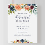 Élégant dîner de répétition florale Affiche de bie<br><div class="desc">Cet élégant panneau d'accueil pour le dîner de répétition florale est parfait pour une répétition mariage d'été. Le design présente des bouquets soigneusement dessinés à la main de rose,  de rougeur,  de jaune,  de bordeaux,  de rouge,  de fleurs d'indigo et de feuillage vert,  inspirant la beauté naturelle.</div>