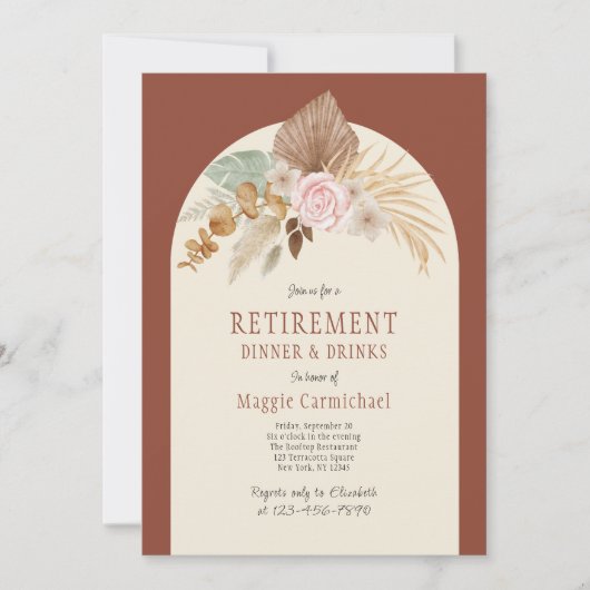Élégant Dîner de retraite Floral Boho Invitation (Devant)