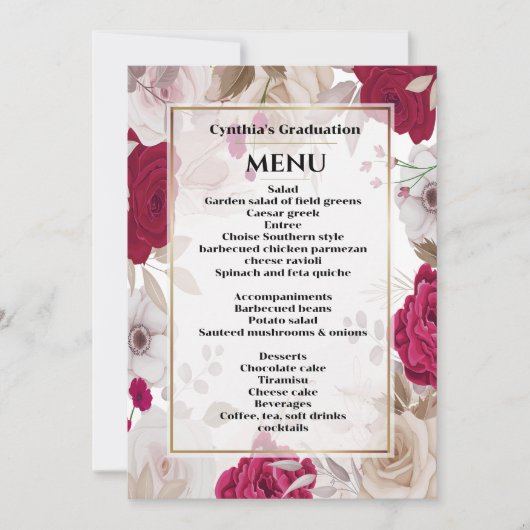 Élégant Dîner Floral Graduation Menu Invitation (Devant)