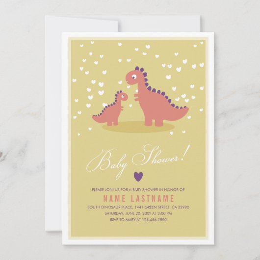 Élégant Dinosaur Invitation Baby shower rose jaune (Devant)