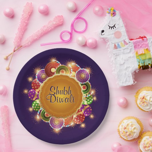 Elegant Diwali Kleurrijk Vuurwerk Papieren Bordje (Feest)