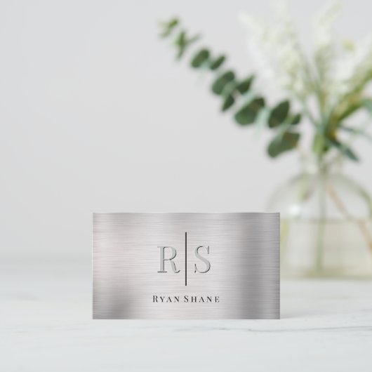 Elegant DIY 3-D Monogram & Blk Name Brushed Silver Visitekaartje (Staand voorkant)