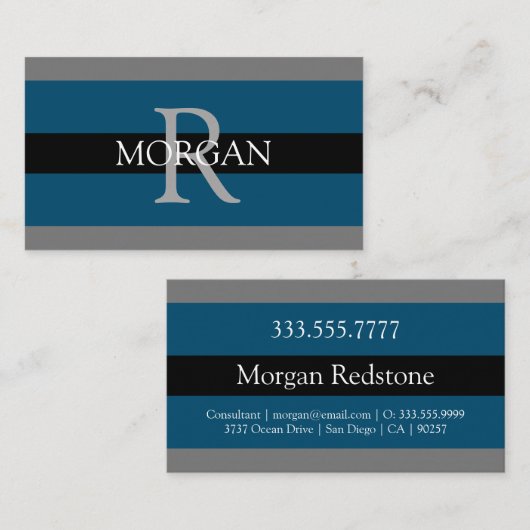 Elegant DIY Monogram Naam Blk DkGrey Ocean Blue Visitekaartje (Voorkant / Achterkant)