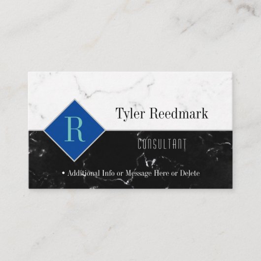 Elegant DIY Monogram Naam Info, Wit & Zwart Marmer Visitekaartje (Voorkant)