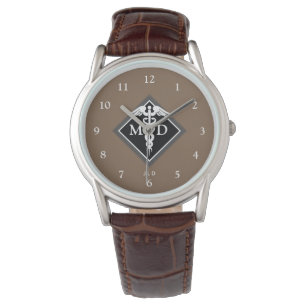 Elegant Doctor MD Caduceus Bruin Monogram Horloge