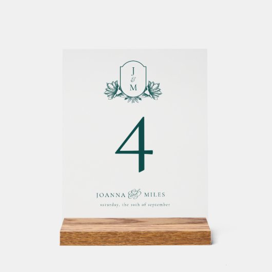 Elegant Donker Blauwgroen Botanisch Monogram Crest Acryl Bord (Voorkant)