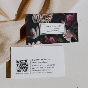 Elegant Donker Bloemen op Zwart   QR-code Visitekaartje