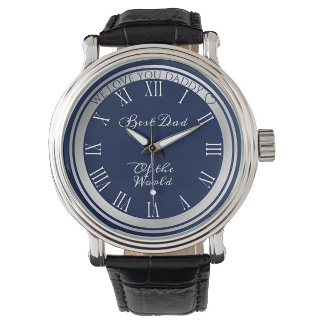 Elegant donker Blue Silver Border Beste pap tekst Horloge (Voorkant)