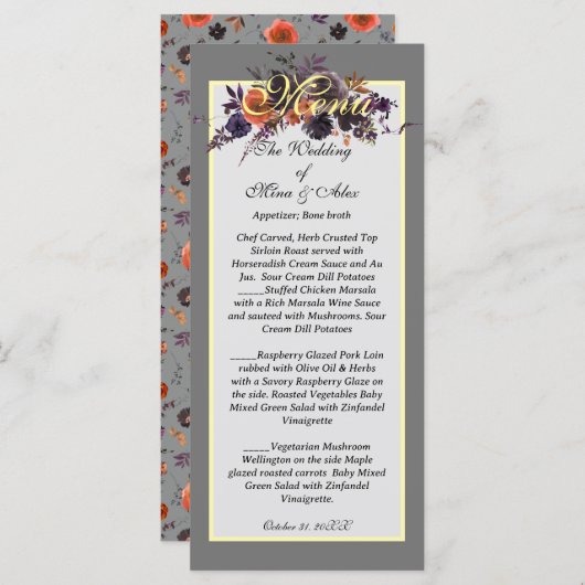 Elegant Donker Herfst Bloemen Grijs Menu (Voorkant / Achterkant)