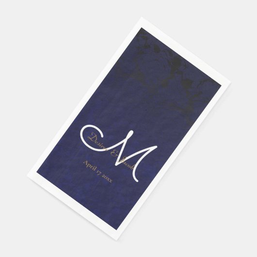 Elegant Donker Navy Blauw Goud Wit Monogram Bloeme Servet (Hoek)