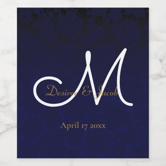 Elegant Donker Navy Blauw Goud Wit Monogram Bloeme Wijn Etiket (Enkel label)