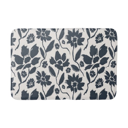 Elegant donkerblauw bloemencrème canvas badmat (Voorkant)