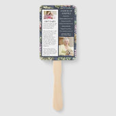 Elegant donkerblauw bloemendrie foto's rouwkaart handwaaier (Achterkant)