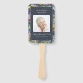 Elegant donkerblauw bloemendrie foto's rouwkaart handwaaier (Voorkant)