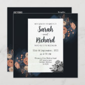 Elegant donkerblauw bloemontwerp met perzik accent kaart (Voorkant / Achterkant)