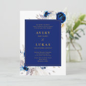 Elegant Donkerblauw en Geel Bloemen Bruiloft Invit Kaart (Staand voorkant)