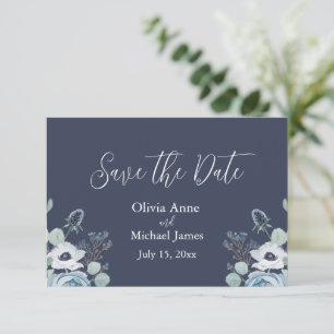 Elegant donkerblauw en wit bloemmotief save the date