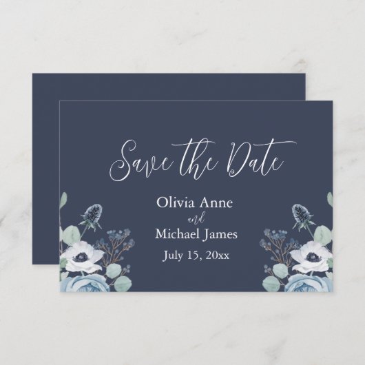 Elegant donkerblauw en witte Floral Save The Date (Voorkant / Achterkant)