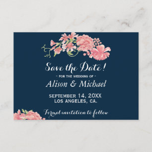 Elegant donkerblauw roze pioenen bruiloft save dat save the date