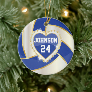 Elegant Donkerblauw, Wit en Gouden Volleyball Keramisch Ornament