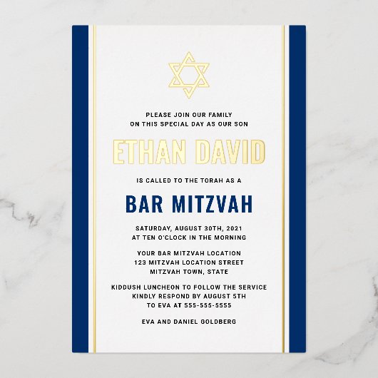 Elegant donkerblauwe bar mitzvah Star van David re Folie Uitnodiging (Voorkant)