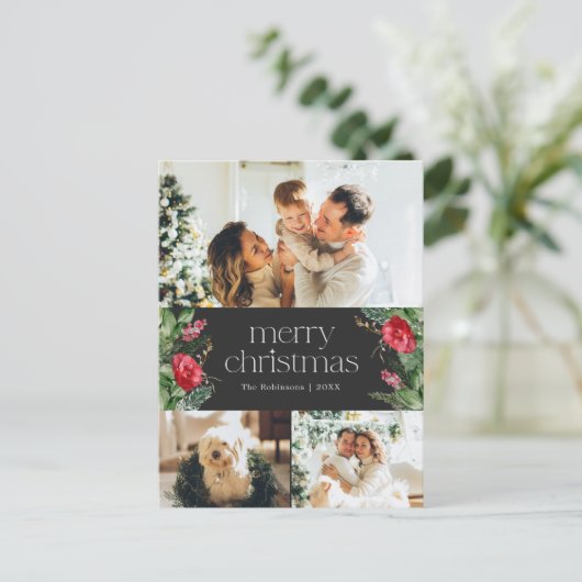 Elegant Donkergrijs Vrolijk Kerstfeest 3 Foto Vaka Briefkaart (Staand voorkant)