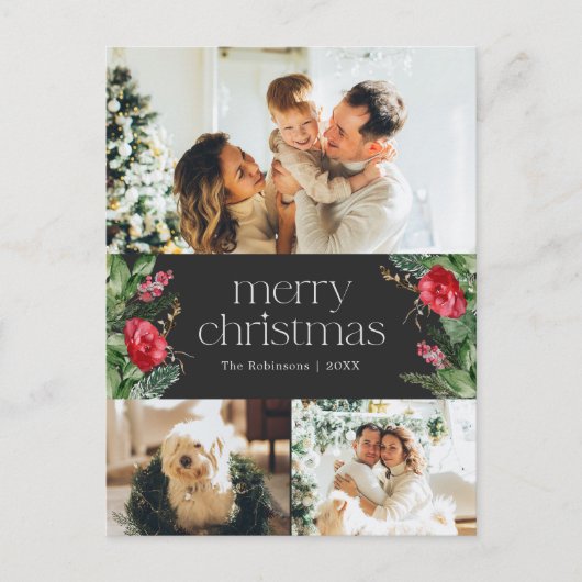 Elegant Donkergrijs Vrolijk Kerstfeest 3 Foto Vaka Briefkaart (Voorkant)