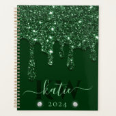 Elegant Donkergroen Dripping Glitter Monogram Planner (Voorkant)