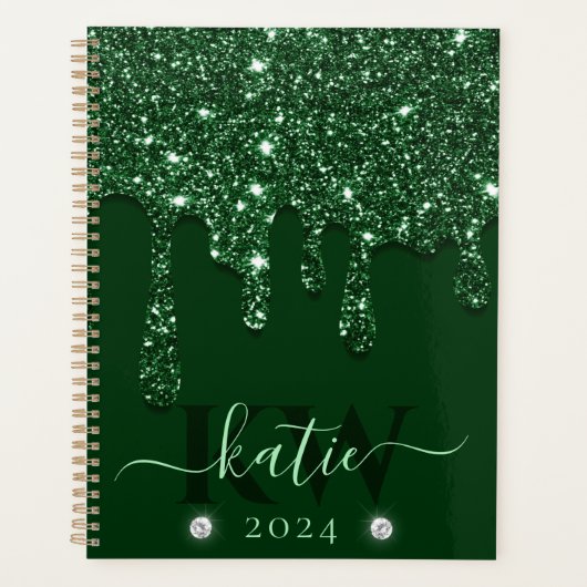Elegant Donkergroen Dripping Glitter Monogram Planner (Voorkant)