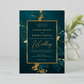Elegant donkergroen en echt gouden folie bruiloft folie uitnodiging (Staand Voorkant)