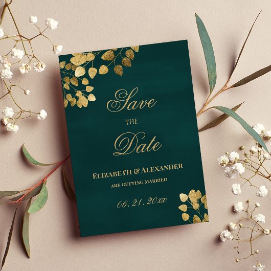 Elegant donkergroen goud eucalyptus Save the Date Kaart