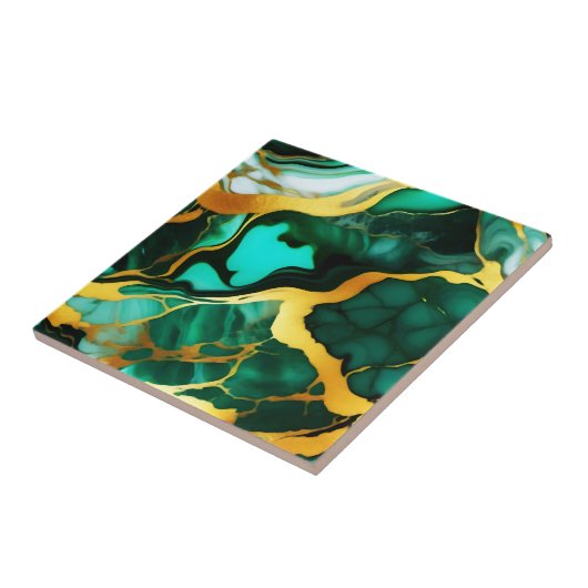 Elegant donkergroen goudgeel Faux Marble Tegeltje (Zijkant)