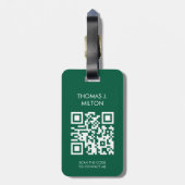 Elegant donkergroen wit vet monogram QR-code Bagagelabel (Achterkant verticaal)