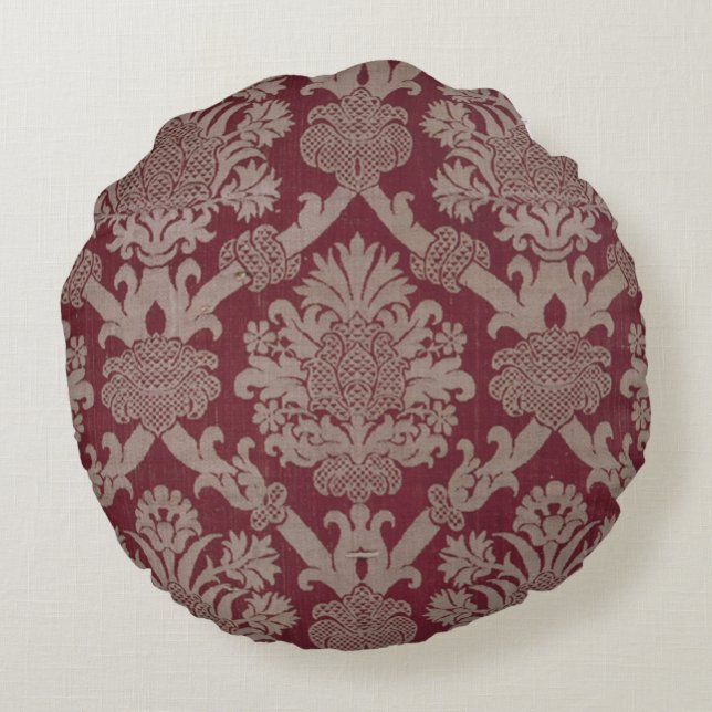 Elegant  Donkerrood Beige Damast Weave Rond Kussen (Achterkant)