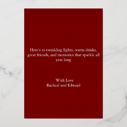 Elegant donkerrood en rozegoud folie feestdagenkaart (Achterkant)