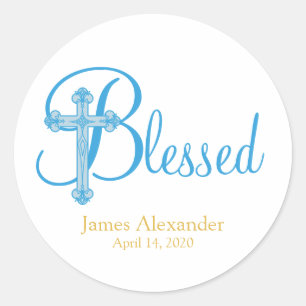 elegant DOOPSEL of BAPTISM blauw kruis Ronde Sticker