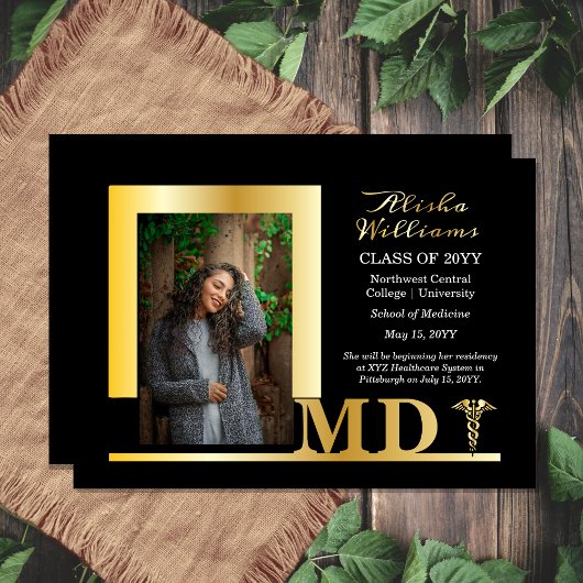 Elegant Dr. MD Caduceus Foto Afstuderen Black Folie Uitnodiging