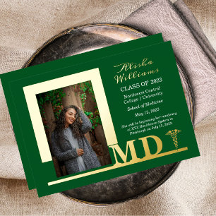 Elegant Dr. MD Caduceus Foto Afstuderen Green Folie Uitnodiging