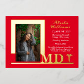 Elegant Dr. MD Caduceus Foto Afstuderen Red Folie Uitnodiging (Voorkant)