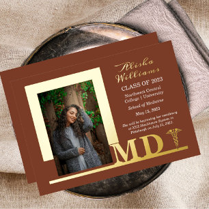 Elegant Dr. MD Caduceus Foto Afstuderen Terracotta Folie Uitnodiging