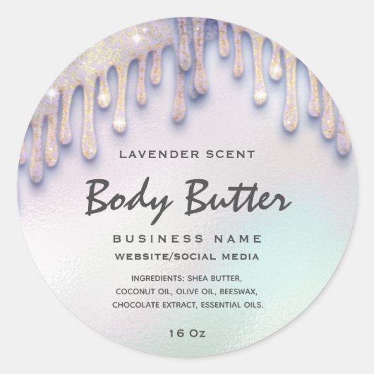 Elegant druppels holografisch body butter label (Voorkant)