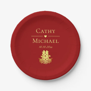 Elegant dubbel geluk roos Chinese bruiloft rood Papieren Bordje